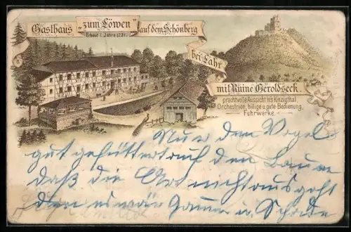 Vorläufer-Lithographie Seelbach /Schutter, 1895, Gasthaus zum Löwen auf dem Schönberg mit Ruine Geroldseck