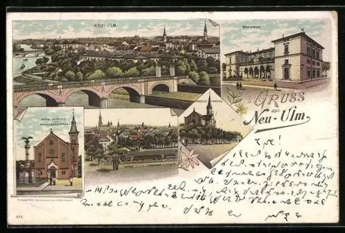 Lithographie Neu-Ulm, Bahnhof, Kath. Kirche und Ortsansicht