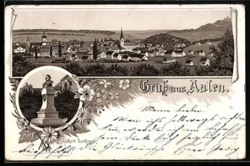 Vorläufer-Lithographie Aalen, 1894, Teilansicht mit Kirche, Schubart-Denkmal