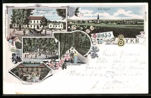 Lithographie Syke, Hotel zum Schützenhaus, Parkseite, Veranda