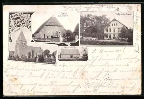 AK Riede, Gasthaus Wetjen, Kahlen Lohngerberei, Kirche