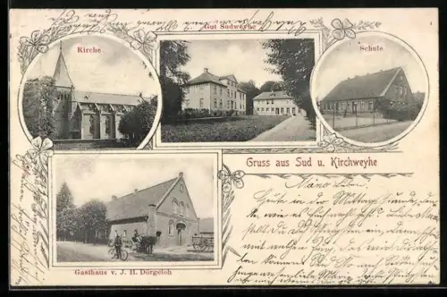 AK Sudweyhe, Gasthaus v. J. H. Dörgeloh, Kirche, Gut Sudweyhe, Schule