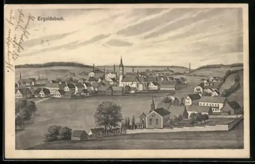Künstler-AK sign. Hans Pernat: Ergoldsbach, Totalansicht mit Kirche und Umgebung