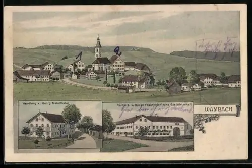 Künstler-AK sign. Hans Pernat: Wambach, Totalansicht, Handlung von Georg Maierthaler und Gasthof v. Soden