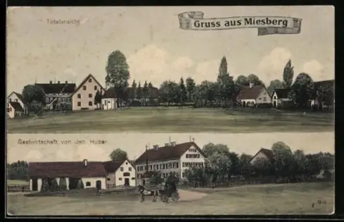 Künstler-AK Miesberg, Totalansicht und Gasthof von Joh. Huber
