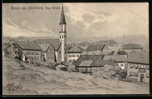 Künstler-AK sign. Hans Pernat: Büchlberg /Bayr. Wald, Teilansicht mit Kirche und Umgegung