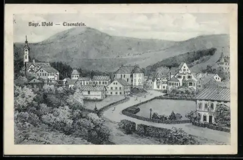 Künstler-AK sign. Hans Pernat: Eisenstein /Bayr. Wald, Ortspartie mit Gasthof Pledl