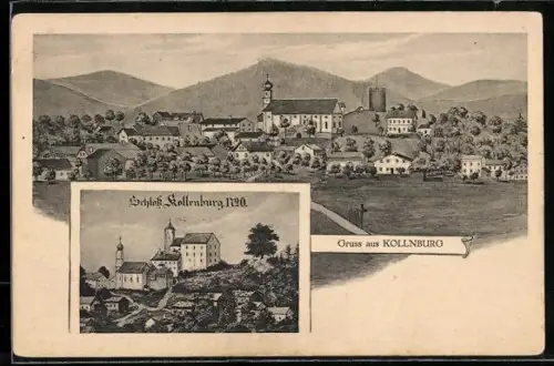 Künstler-AK sign. Hans Pernat: Kollnburg, Totalansicht und Schloss Kollenburg um 1720