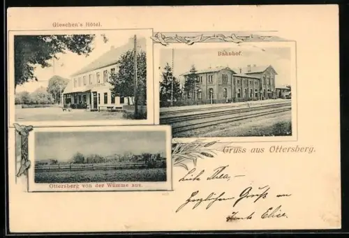 AK Ottersberg, Bahnhof, Gieschen`s Hotel und Ottersberg von der Wümme aus gesehen