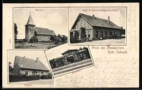 AK Neuenkirchen /Sulingen, Gasthaus Bollweg, Kirche, Schule und Bahnhof