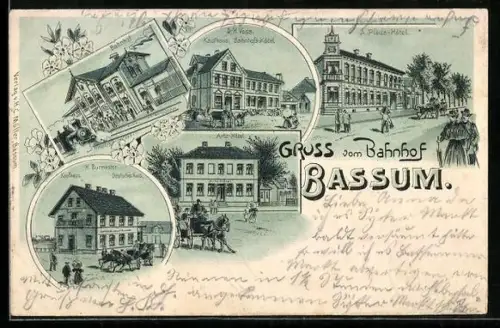 Lithographie Bassum, Kaufhaus und Bahnhofs-Hotel D. H. Voss, A. Pleus-Hotel, Artz-Hotel