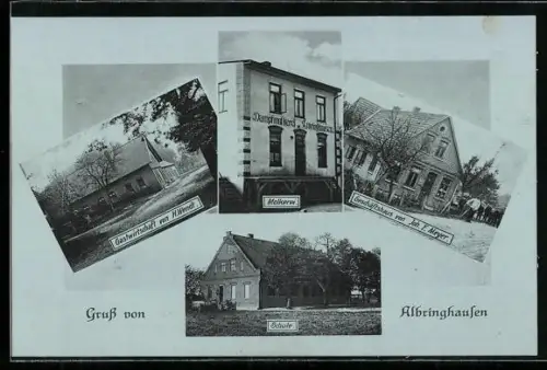 AK Albringhausen, Gastwirtschaft H. Wendt, Geschäftshaus Joh. F. Meyer, Molkerei, Schule