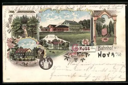 Lithographie Hoya a. W., Bahnhof, Villa Drübber, Gräfl. Schloss Staffhorst