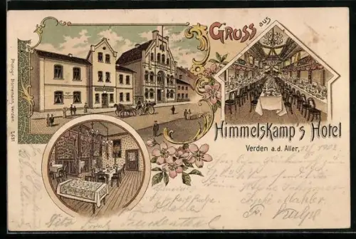 Lithographie Verden a. d. Aller, Himmelskamp`s Hotel, Festsaal, Speiseraum und Aussenansicht