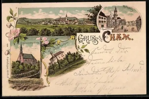 Lithographie Cham, Kalvarienberg-Kirche, Schloss Thierlstein, Marktplatz, Gesamtansicht