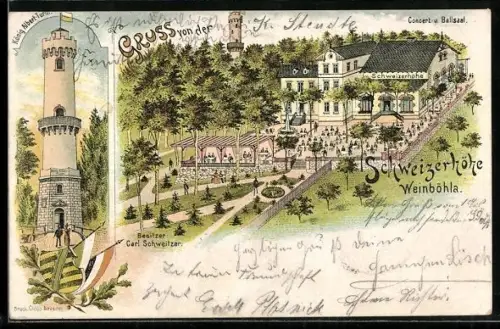 Lithographie Weinböhla, Restaurant Schweizerhöhe, König Albert-Turm