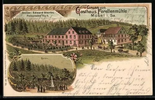 Lithographie Mosel i. Sa., Gasthaus Forellenmühle, Bes. Eduard Starke