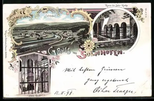 Lithographie Solnhofen, Totalansicht, Sola-Gruft und Ruine der Sola-Kirche