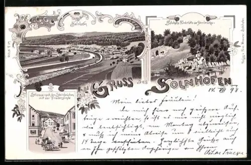 Lithographie Solnhofen, Strasse zu den Steinbrüchen mit der Friedenslinde, Panorama um 1900