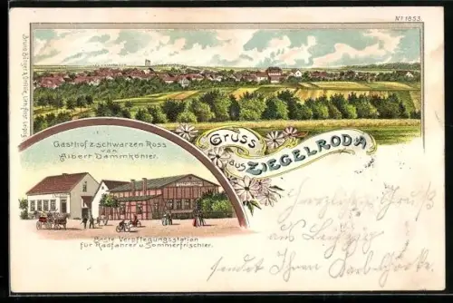 Lithographie Ziegelroda, Totalansicht und Gasthof z. schwarzen Ross, Inh. Albert Dammköhler