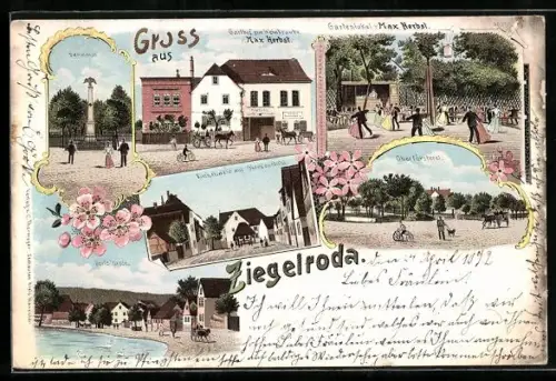 Lithographie Ziegelroda, Denkmal, Gasthof zur Weintraube von Max Herbst, Kirchstrasse mit Gloekenstuhl