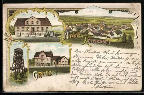 Lithographie Kainsbach, Totalansicht, Gasthaus zur schönen Aussicht und Ohlythurm