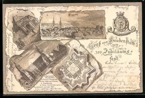 Lithographie Freudenstadt, Stadtkirche, Orsansichten um 1600, alter Fortifikationsplan des Ortes