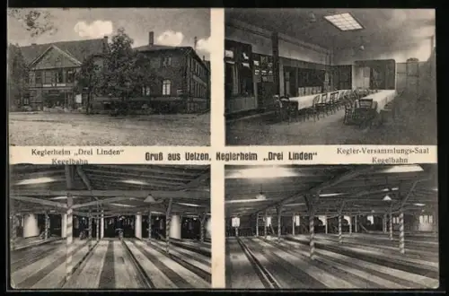 AK Uelzen, Keglerheim Drei Linden, Kegelbahn und Versammlungssaal