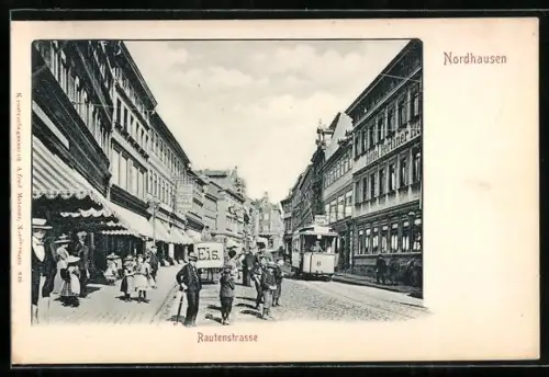 AK Nordhausen, Partie in der Rautenstrasse mit Strassenbahn