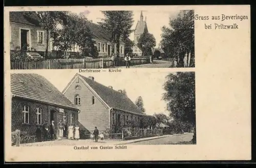 AK Beveringen bei Pritzwalk, Gasthof von Gustav Schütt und Dorfstrasse mit Blick zur Kirche
