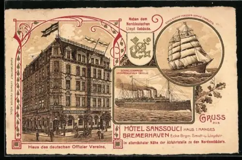 Lithographie Bremerhaven, Haus des deutschen Offizier-Vereins, Schulschiff Herzogin Sophie Charlotte, Hotel Sanssouci