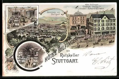 Lithographie Stuttgart, Hotel Bilfinger, Friedrichs-Strasse 21, Billardsaal, Ratskeller