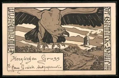 Künstler-AK Einweihungsfeier der Bismarck-Säule 1904, Adler im Flug, Jugendstil