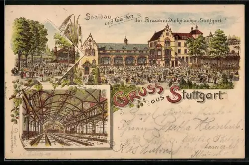 Lithographie Stuttgart, Saalbau und Garten der Brauerei Dinkelacker
