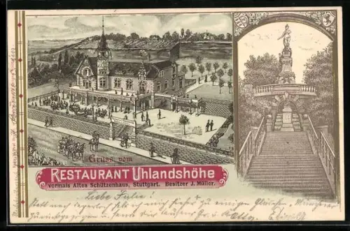 Lithographie Stuttgart, Restaurant Uhlandshöhe J. Müller / Altes Schützenhaus, Eugens-Brunnen