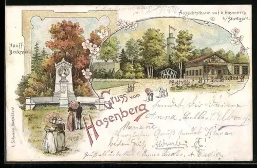 Lithographie Hasenberg b. Stuttgart, Hauff-Denkmal und Aussichtsturm