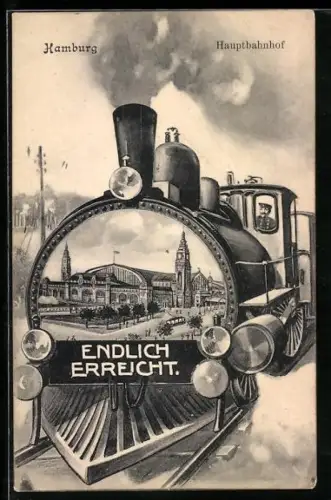 AK Hamburg-St. Georg, Ansicht des Hauptbahnhofes auf dem Kessel einer Lokomotive