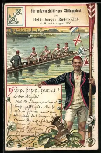 Lithographie Heidelberg, 25. Stiftungsfest des Heidelberger Ruder-Klub 1900, Ruderboot auf dem Wasser