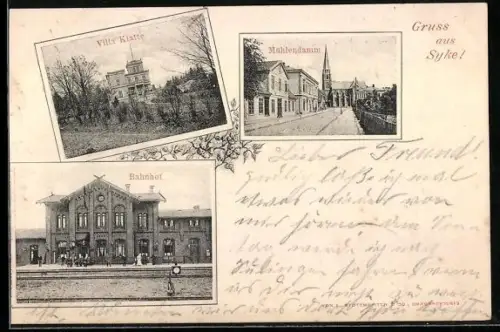 AK Syke, Bahnhof, Mühlendamm und Villa Klatte