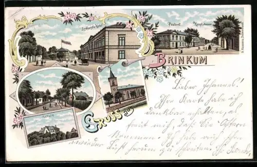 Lithographie Brinkum, Lindhorst`s Hotel, Schule und Hauptstrasse mit Postamt