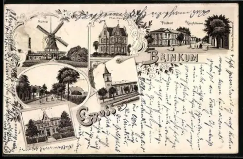 Lithographie Brinkum, Schule, Mühle, Pfarrhaus, Hauptstrasse mit Postamt