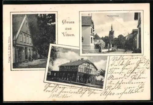 AK Vilsen, Poststrasse, Bahnhof und Kirchplatz