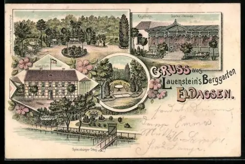 Lithographie Eldagsen / Springe, Gasthaus Lauensteins Berggarten mit Garten-Veranda, Paterhof-Grotte