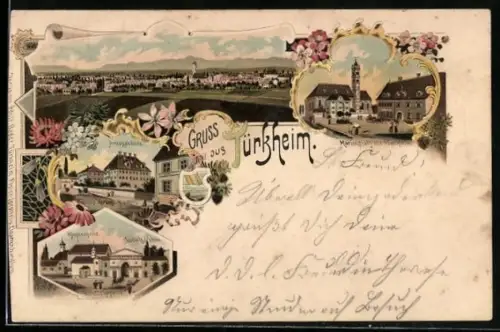 Lithographie Türkheim / Schwaben, Marienplatz mit Pfarrkirche, Amtsgebäude