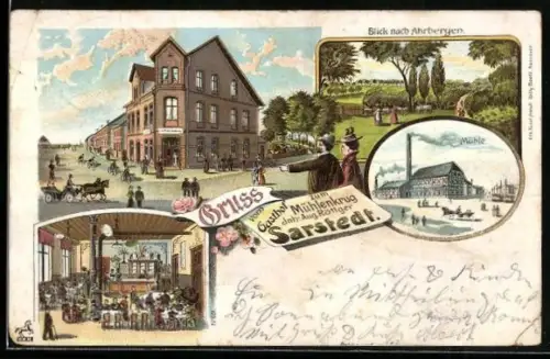 Lithographie Sarstedt, Gasthof zum Mühlenkrug, Mühle, Ahrbergen