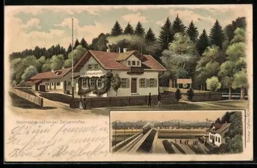 Lithographie Deisenhofen, Wald-Restaurant und Bahnhof