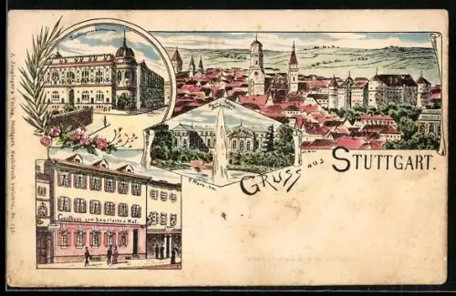 Lithographie Stuttgart, Gasthaus zum Bairischen Hof, Landgewerbemuseum, Rückseite vom Schloss, Totalansicht