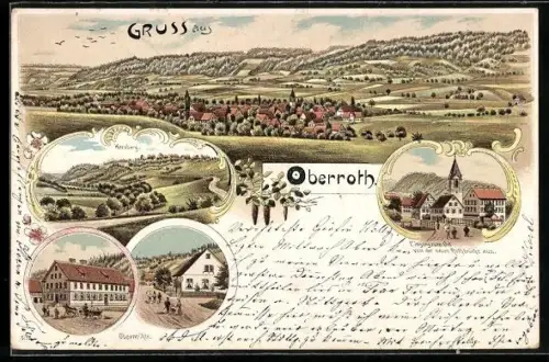 Lithographie Oberroth / Gaildorf, Obermühle, Eingang zum Ort, Ortsansicht