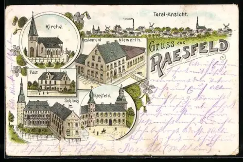 Lithographie Raesfeld, Restaurant Niewerth, Post, Schloss und Kirche