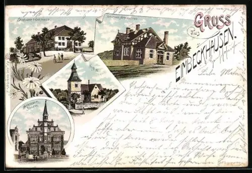 Lithographie Eimbeckhausen, Sporleder`s Gasthaus, Forsthaus Hemschhausen, Kirche und Schloss